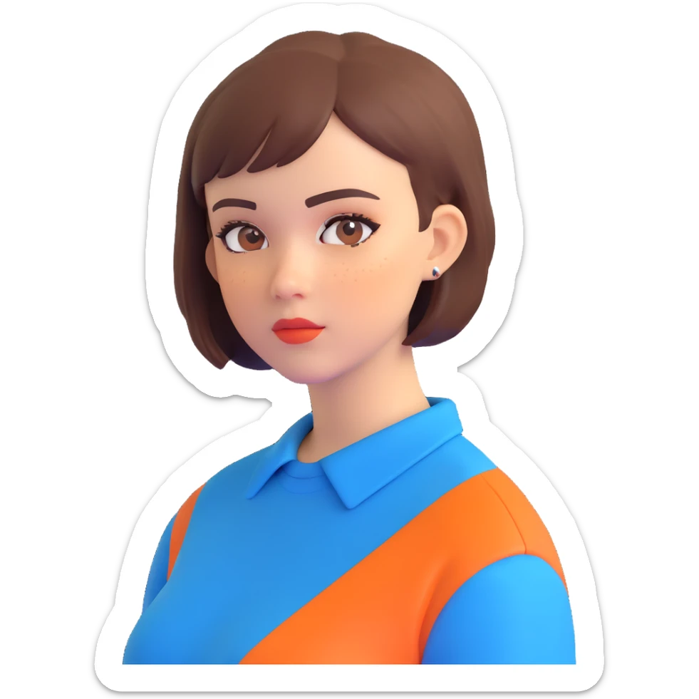 profile picture of a 22-year-old girl with short hair, cool tone makeup, blue shirt sticker