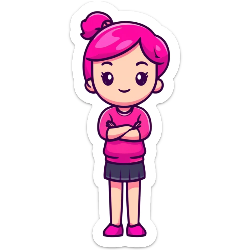 Shy girl character with arms crossed, transparent glass style, bright pink gradient, soft shadows and highlights, minimalist cute design sticker