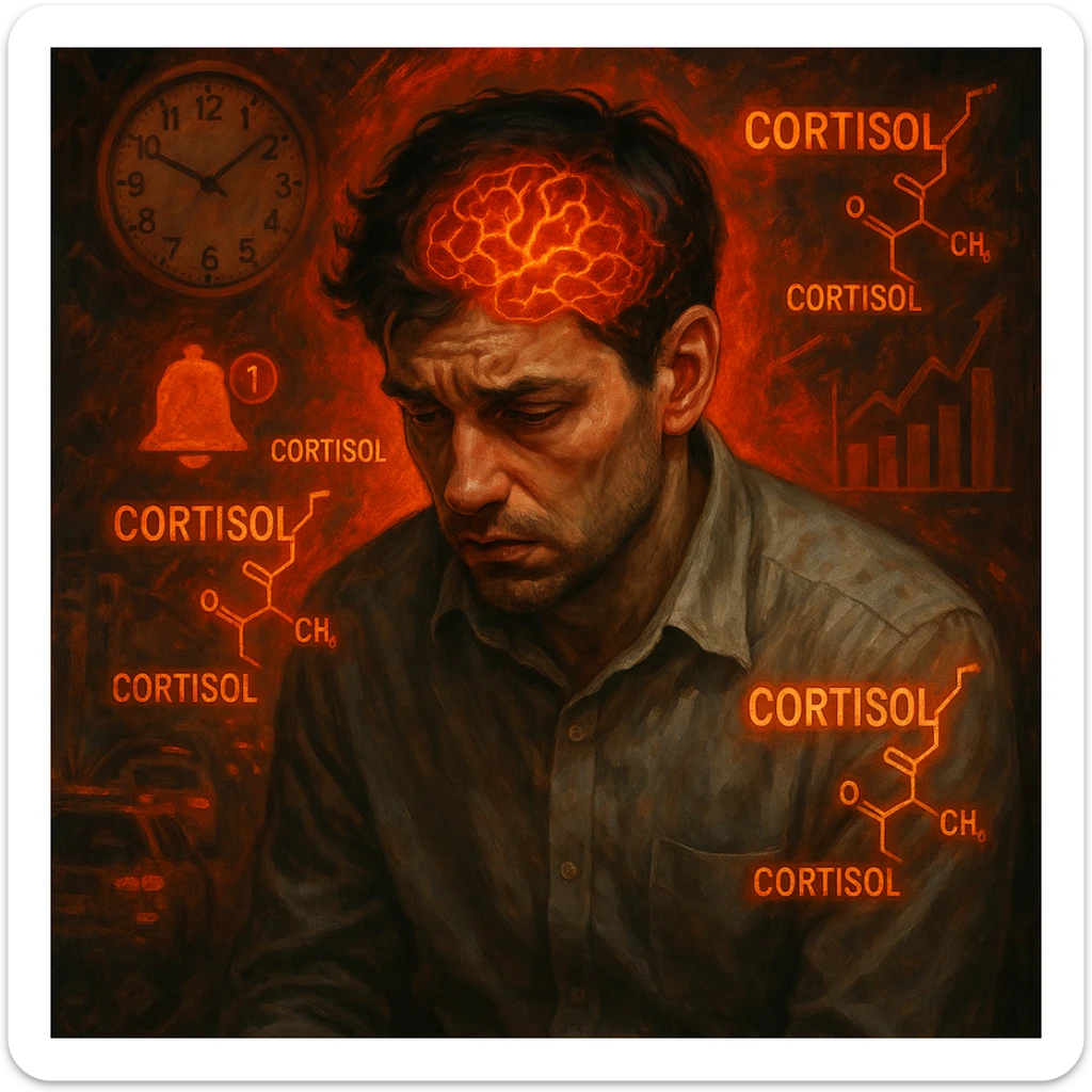 semi-realistic, moody lighting; man in his 30s, signs of chronic stress (tired eyes, tense, hunched), glowing 'Cortisol' symbols, reddish-orange aura; chaotic background (clocks, notifications, traffic, charts); brain visible with red-orange neural activity; symbolic surrealism, detailed expression sticker