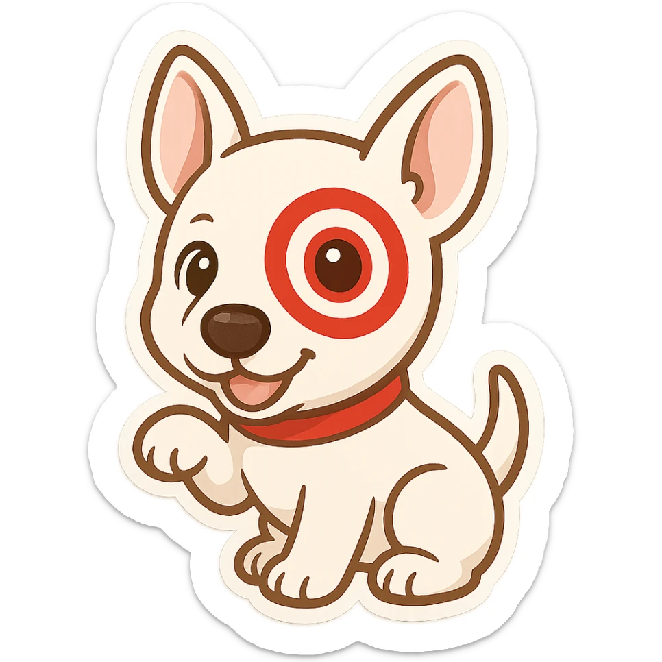 cute cartoon of Target store bullseye dog, playful pose, big eyes, red collar, white fur, red bullseye on left eye, chibi stickers style sticker