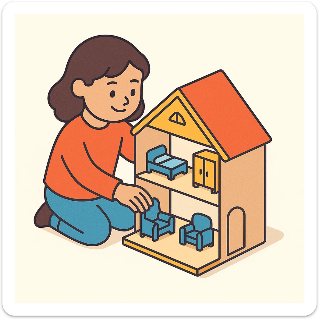 smiling girl arranging furniture in doll house sticker