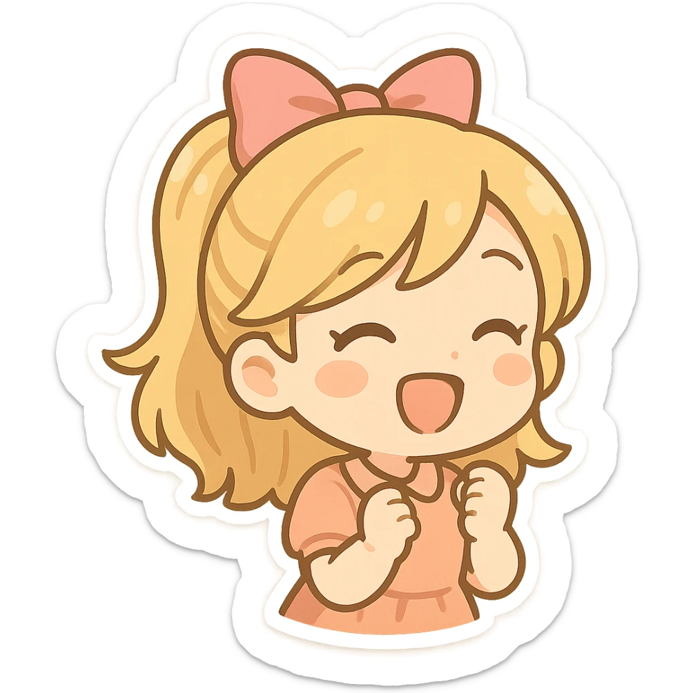 blond girl, pink bow visible from behind, hair styled neatly, cheerful look, cartoon style, cute sticker