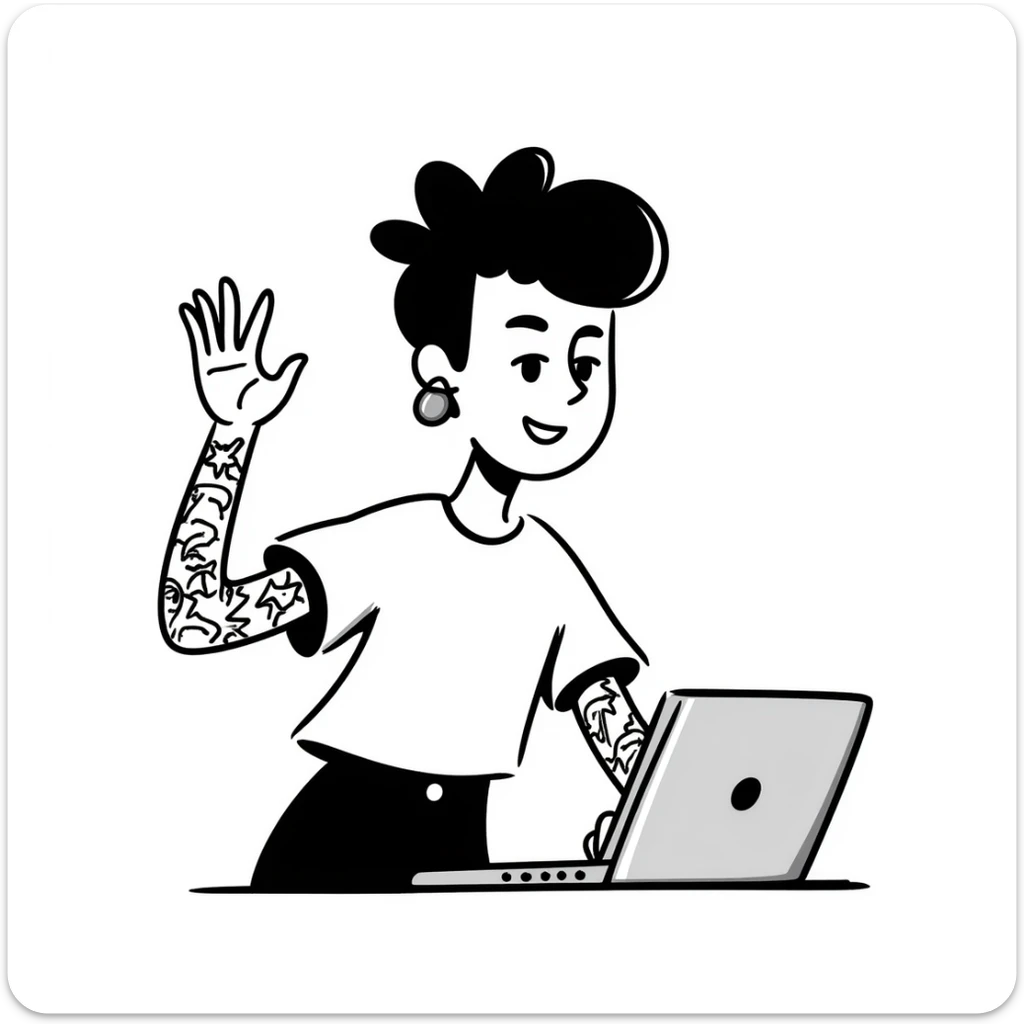 Punk rock female student with mohawk, facial piercings and full sleeve tattoos, smiling confidently while raising hand in class, laptop on desk, wearing band t-shirt sticker