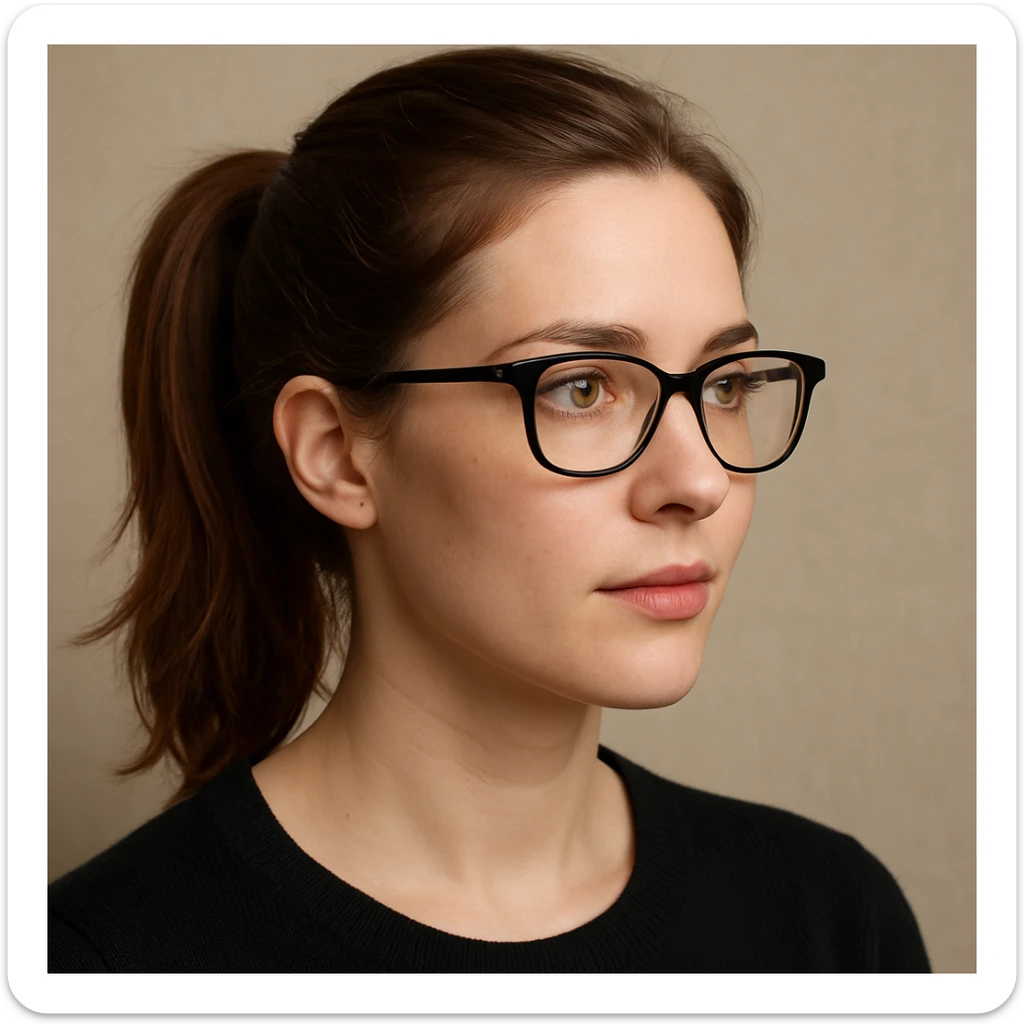 a woman with chestnut hair tied in a ponytail and black frame glasses sticker