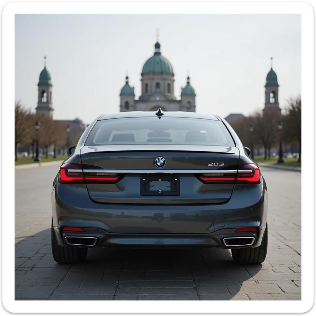 BMW Series 7 2022, rear angle, photorealistic, in front of a Romanian landmark, realistic background sticker
