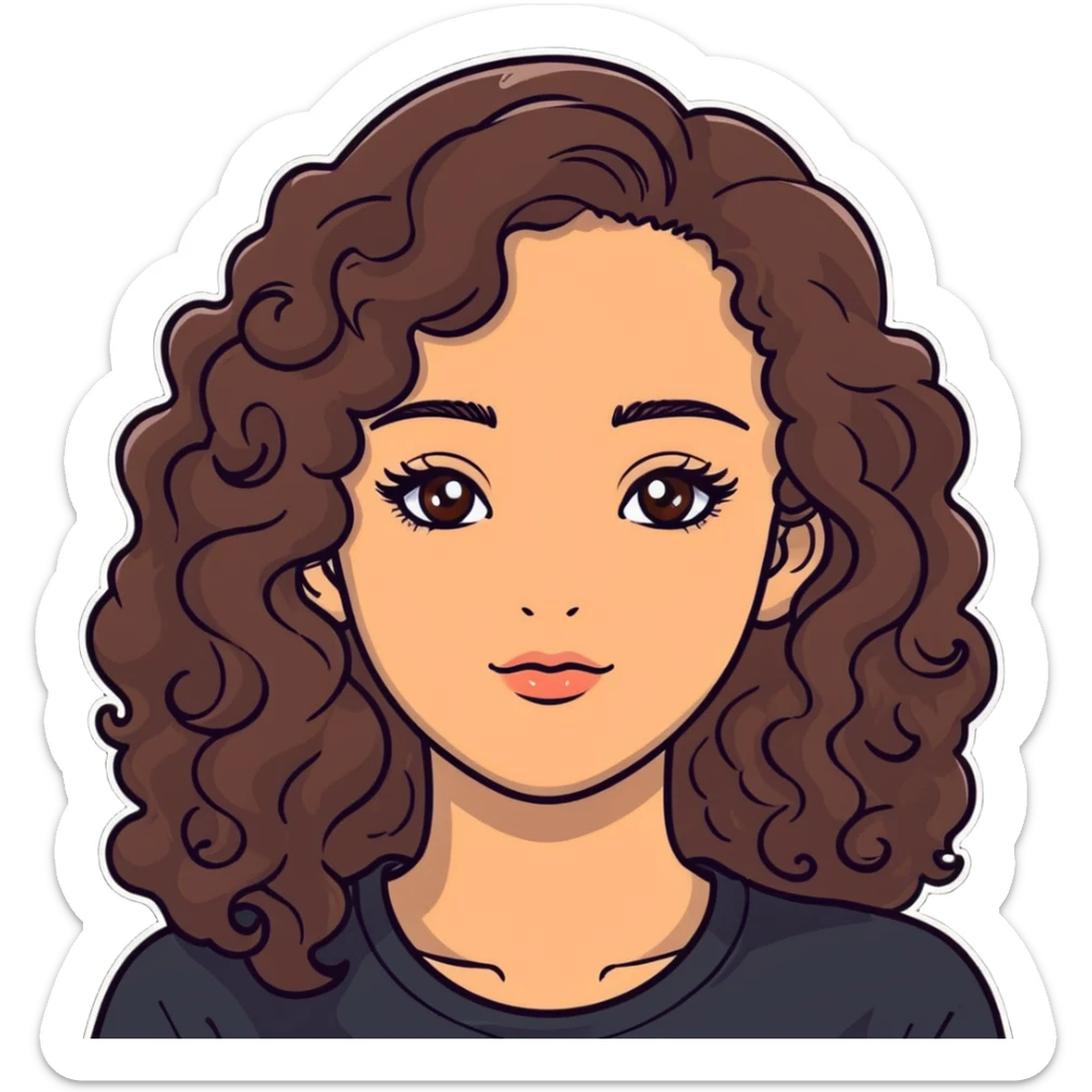 young woman with long curly brown hair, hazel eyes, long eyelashes sticker