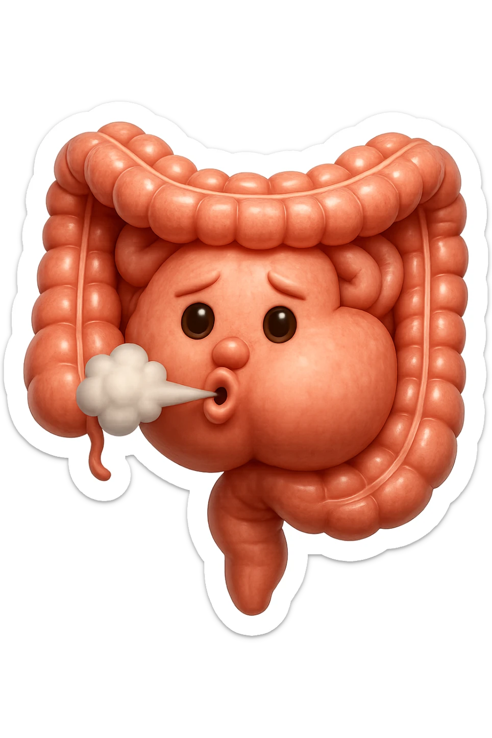 emoji stile iphone di un intestino che ingoia una nuvoletta di aria ben visibile e gli si gonfia la pancia, non fargli il naso, iperrealistico 4k sticker