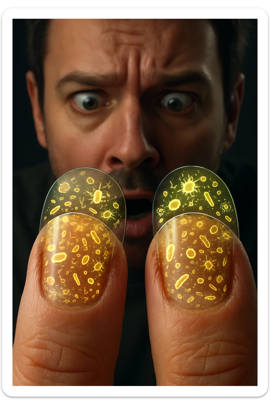"Close-up macro shot of man's fingernails with transparent overlay showing dense colonies of bacteria, viruses, and parasites thriving in nail beds, millions of pathogens visible as glowing microscopic organisms, expression of shock as he examines his hands under magnification, nail debris containing more germs than toilet water, fingertips becoming mobile germ factories" sticker