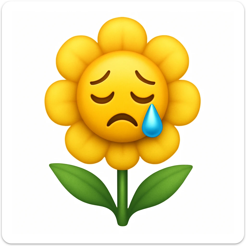 Make the sad flower with a teardrop in the style of apple style emojis sticker