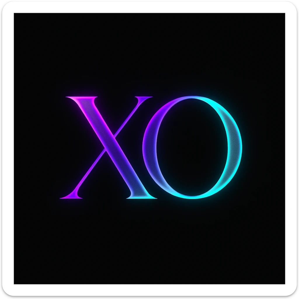 fancy 'X' and 'O' logo, neon purple and cyan, black background, sleek and modern sticker