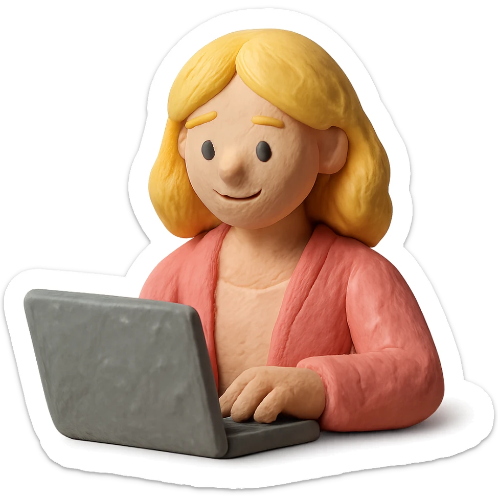 blonde woman in a pink cardigan working on a laptop sticker