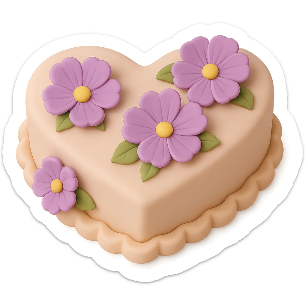 Remove the birthday candles, keep only the heart-shaped fondant cake with purple flowers, fondant cake art style, transparent background. sticker