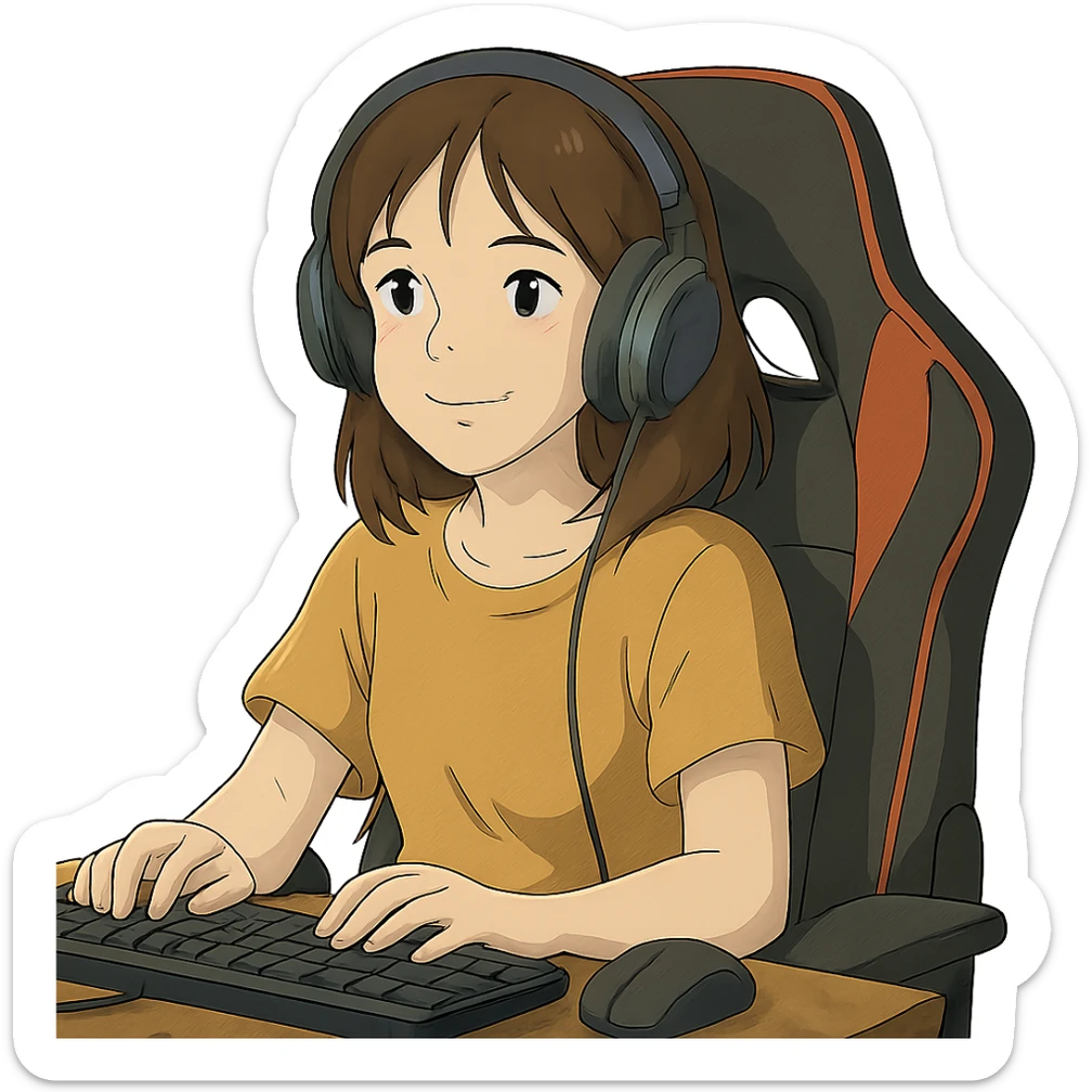 female streamer with headphones and a gaming chair sticker