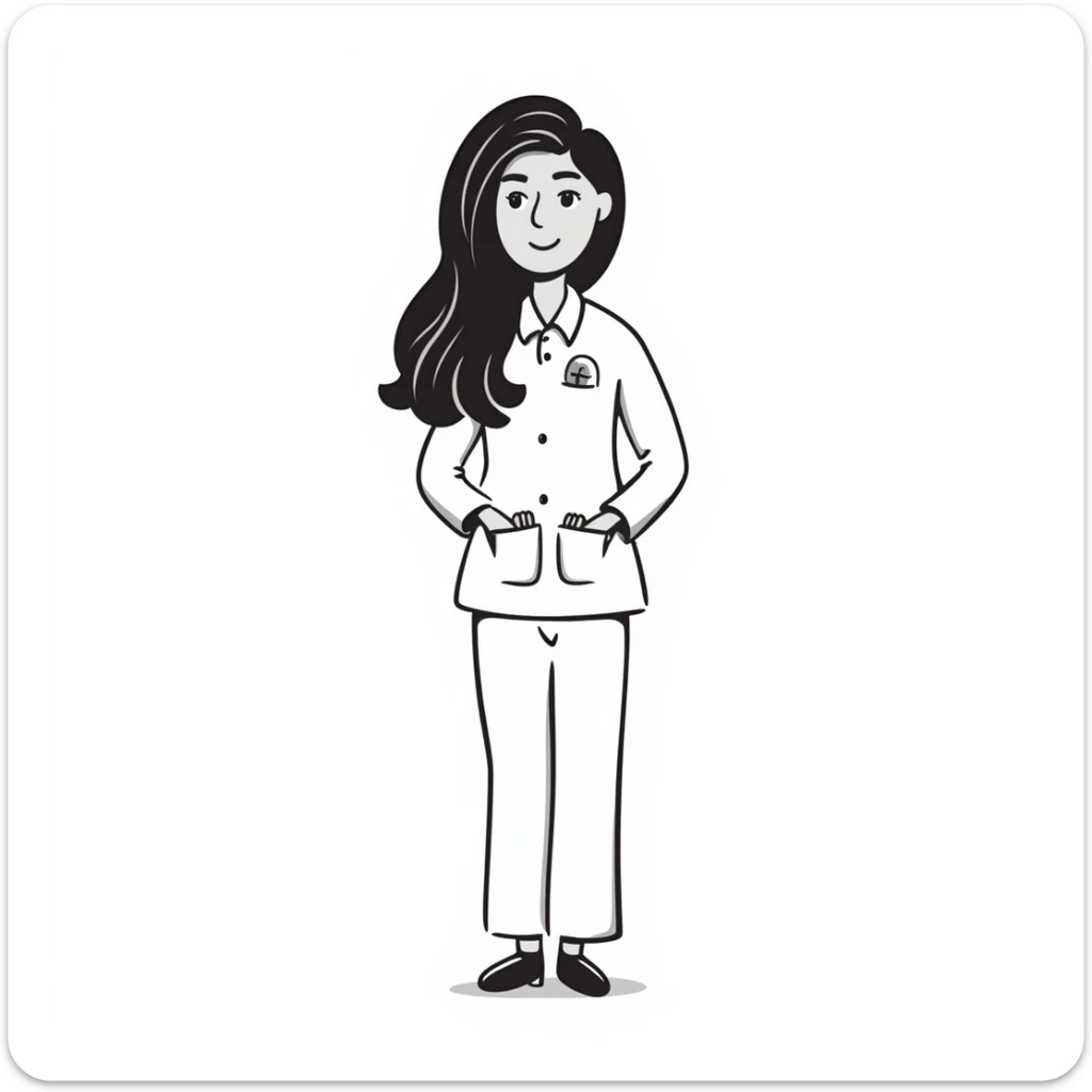 young woman, brown long wavy hair, medical white clothes, friendly, front view, smiling sticker