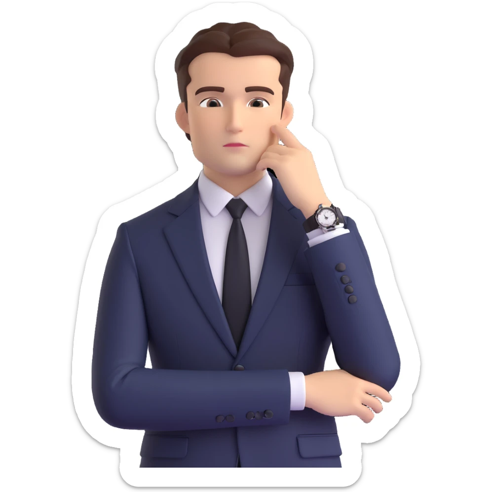 emoji-style illustration of a businessman from the waist up, wearing a suit, hand under chin, gazing to the side with thoughtful expression, luxury watch subtly shown on wrist, curious and contemplative mood, clean background sticker