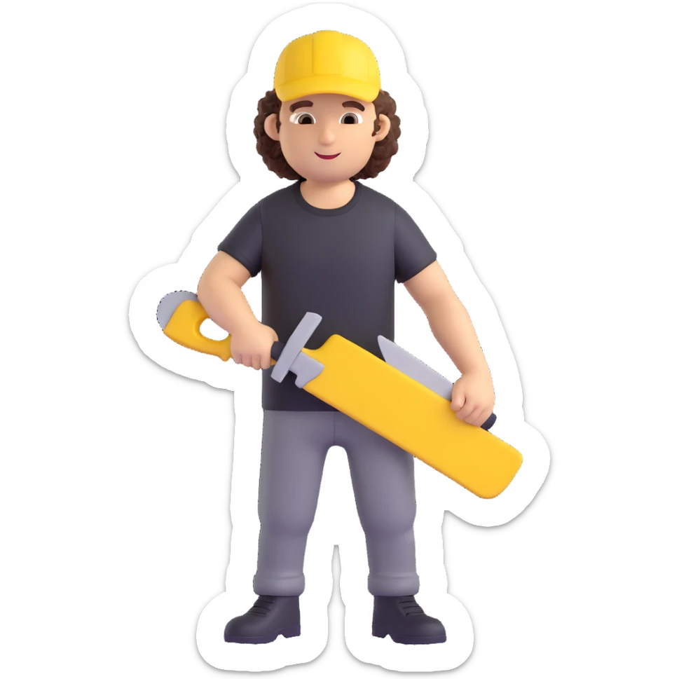 create a character with a saw, cute guy, curly, in a black t-shirt and a yellow cap, in 3d sticker