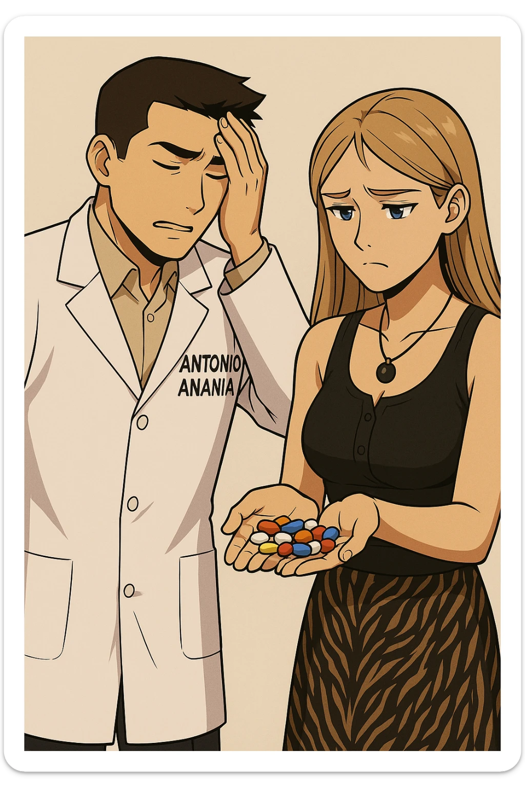 fai un webtoon/manga a colori con questo kinesiologo in camice bianco (fagli la scritta "ANTONIO ANANIA" SUL CAMICE) CHE PARLA CON QUESTA RAGAZZA CON GLI OCCHI AZZURRI. LA RAGAZZA HA UN PUGNO DI INTEGRATORI IN MANO (TANTE PILLOLE DIVERSE) E LE GUARDA DUBBIOSA. IL KINESIOLOGO CON IL CAMICE BIANCO SI TIENE UNA MANO SULLA FRONTE SCONFORTATO MENTRE LE DICE CHE STA SBAGLIANDO A PRENDERE TUTTI QUEGLI INTEGRATORI. NON FARE I FUMETTI, FAI SOLO LORO COME SE DIALOGASSERO sticker