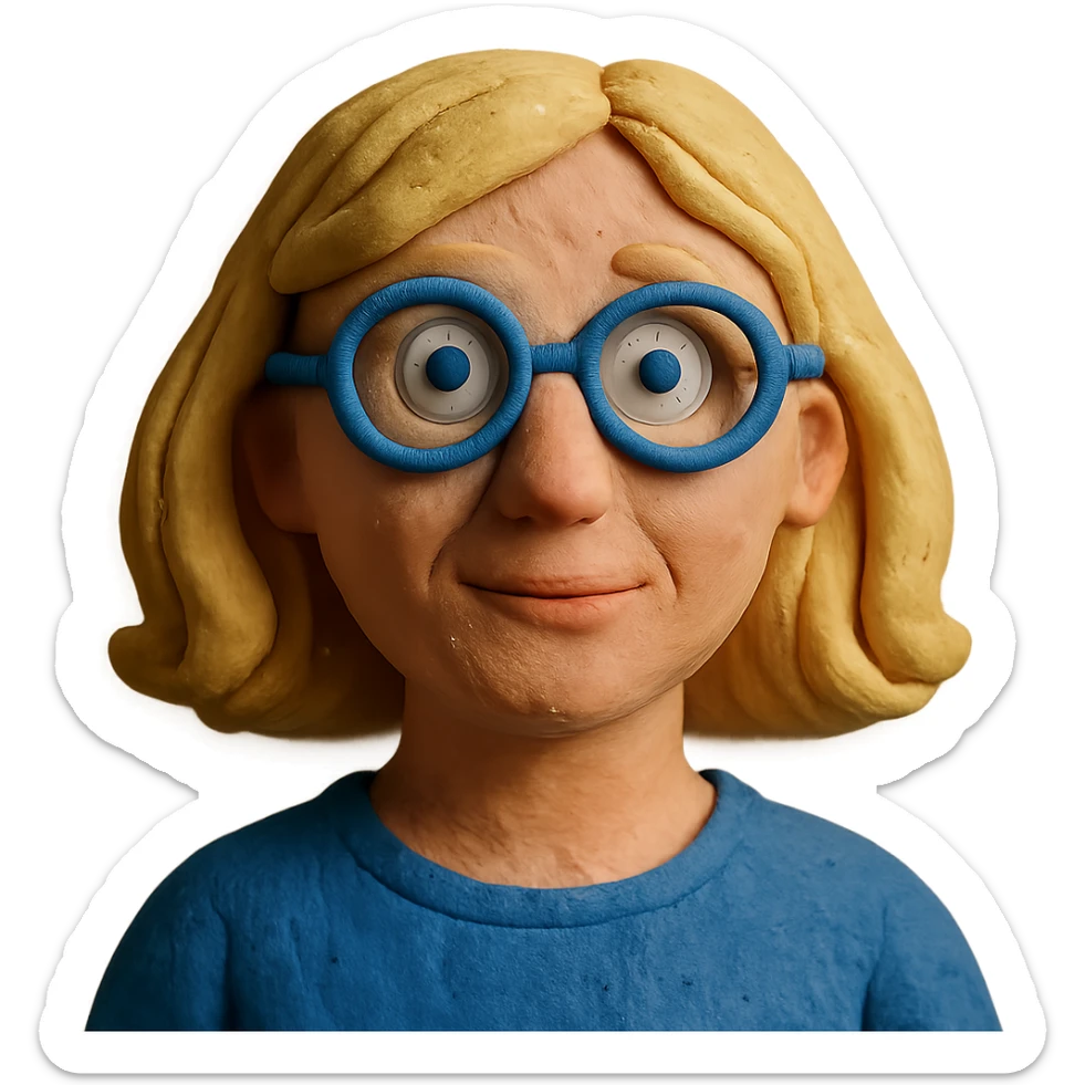 claymation style blonde 40 year old woman with blue eyes and glasses sticker