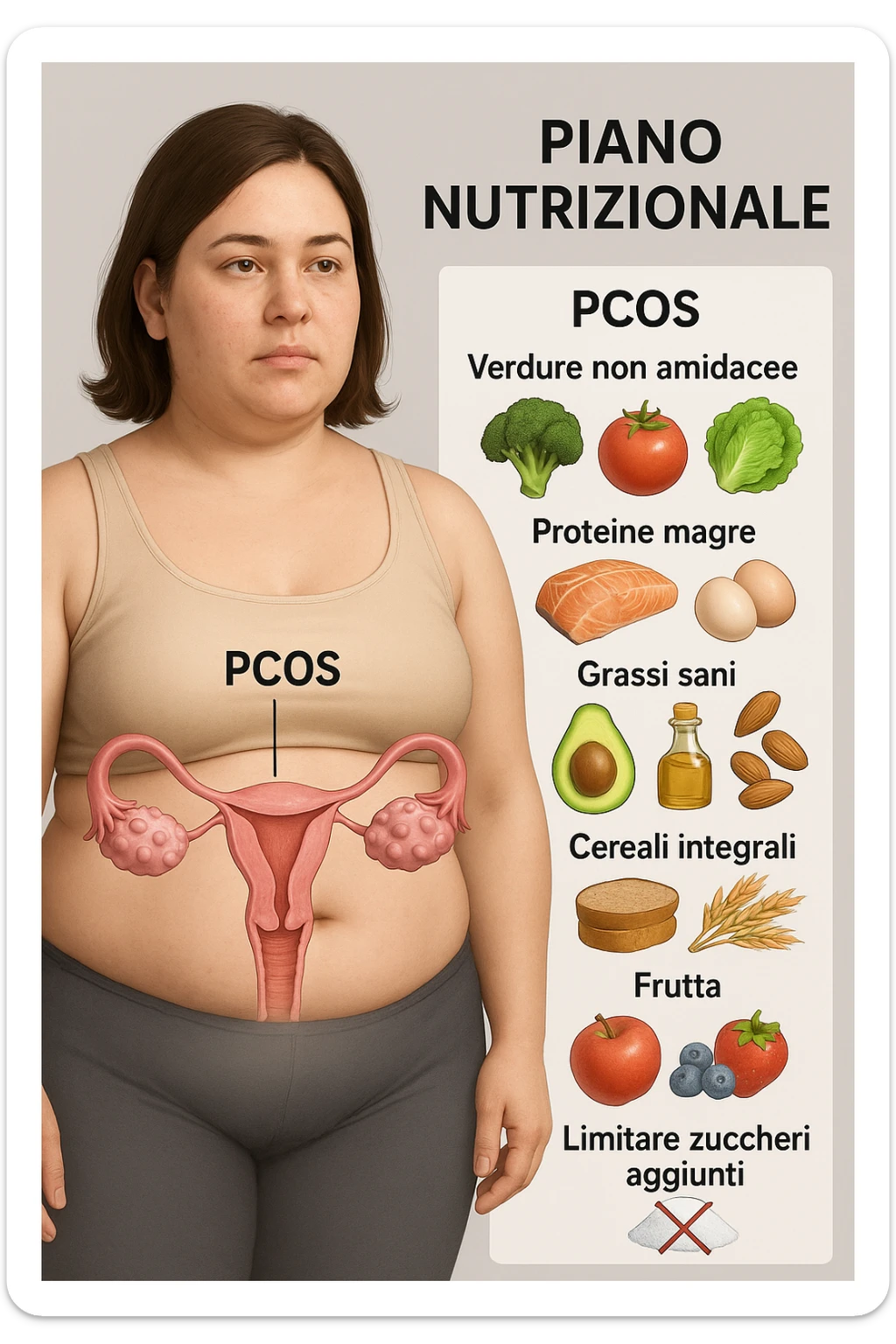 donna con un piano nutrizionale  in 3D immagine medica donna pcos in italiano  sticker