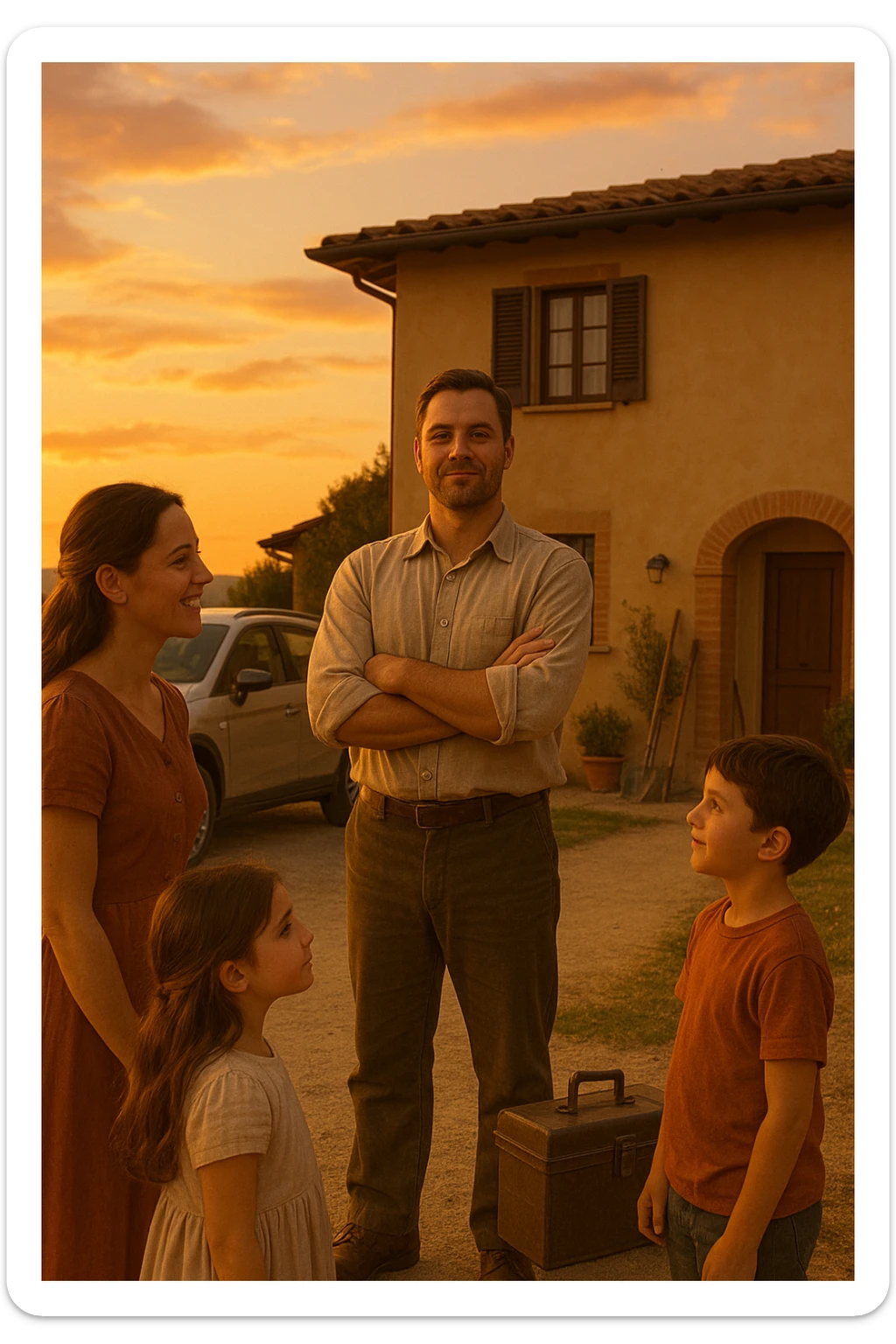 Uomo tra i 35 e i 45 anni, in piedi con postura fiera davanti alla sua casa, circondato dalla famiglia: moglie e figli lo guardano con rispetto e affetto. Indossa abiti semplici ma ordinati, simbolo di lavoro e stabilità (camicia, pantaloni, magari una cassetta degli attrezzi o una valigetta vicino). Sullo sfondo elementi che richiamano i suoi ruoli: casa ordinata, auto familiare, strumenti di lavoro, simboli di protezione e presenza. Espressione serena, forte ma accogliente. Colori caldi, luce naturale del tramonto. Stile realistico, atmosfera rassicurante e simbolica in italia, immagine realistica sticker