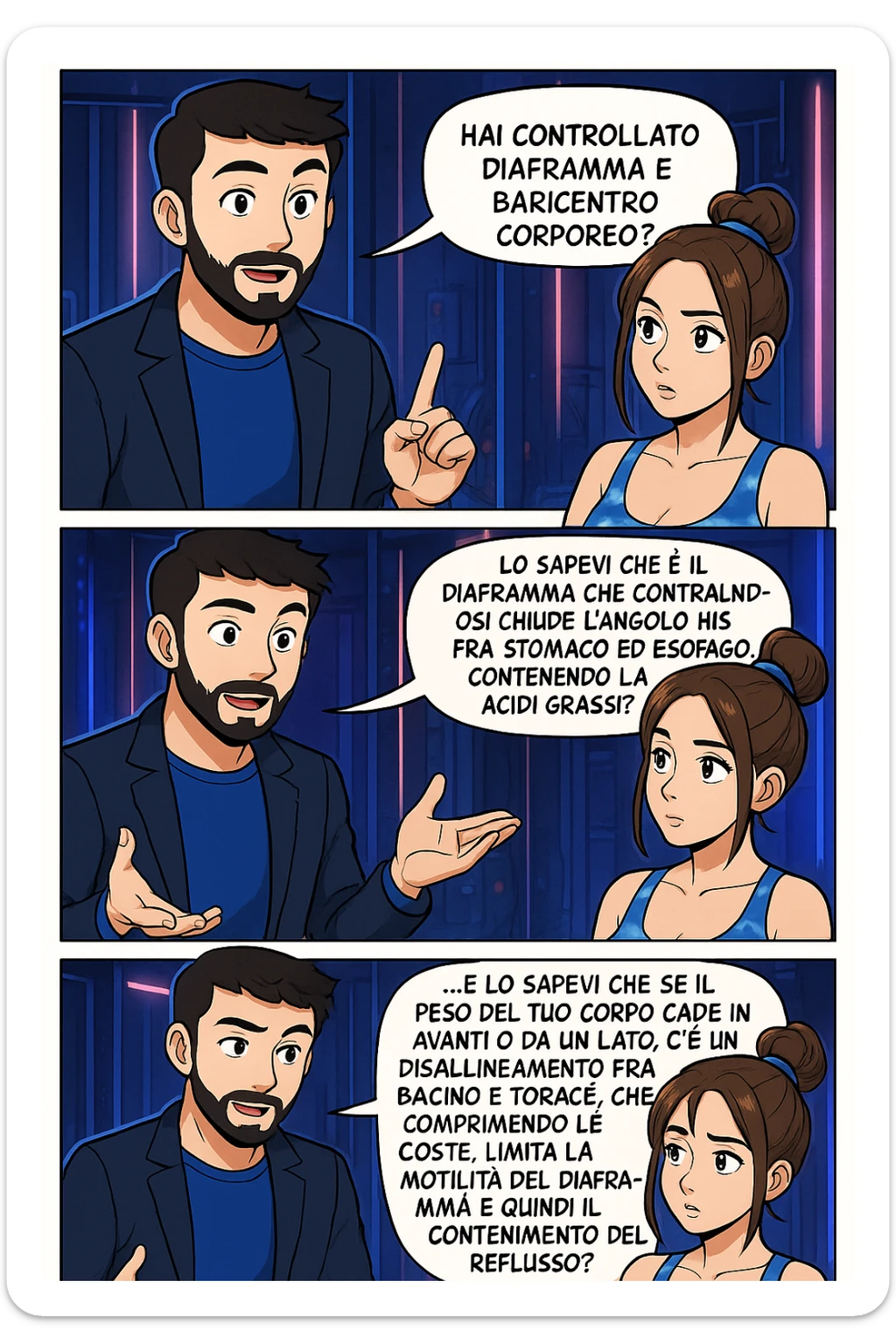 TRASFORMA QUESTO CAROSELLO IN UN FUMETTO STILE WEBTOON/MANGA A COLORI CON QUESTE DUE PERSONE IDENTICHE CHE INTERLOQUISCONO TRA LORO, L'uomo sta spiegando alla donna questo concetto:

LUI (UOMO): Hai controllato diaframma e baricentro corporeo?
LUI (UOMO): Lo sapevi che è il diaframma che contraendosi chiude l’angolo his fra stomaco ed esofago, contenendo la risalita degli acidi grassi?
LUI (UOMO): …e lo sapevi che se il peso del tuo corpo cade in avanti o da un lato, c’è un disallineamento fra bacino e torace, che comprimendo le coste, limita la motilità del diaframma e quindi il contenimento del reflusso? sticker