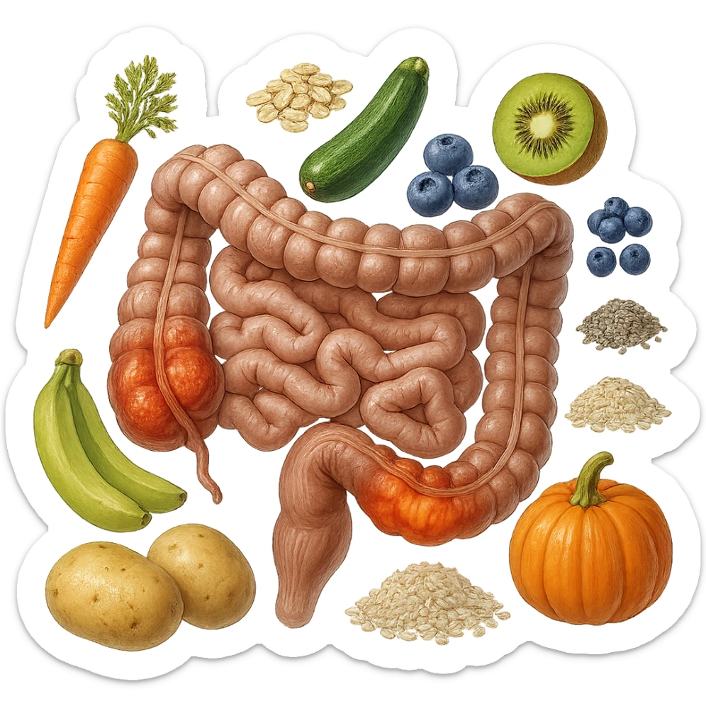 intestino umano anatomico infiammato con carota, fiocchi di avena, zucchine, kiwi, mirtilli, semi di chia, patate, banane acerbe, zucca, riso che gli fluttuano dietro, iperrealistico 4k sticker