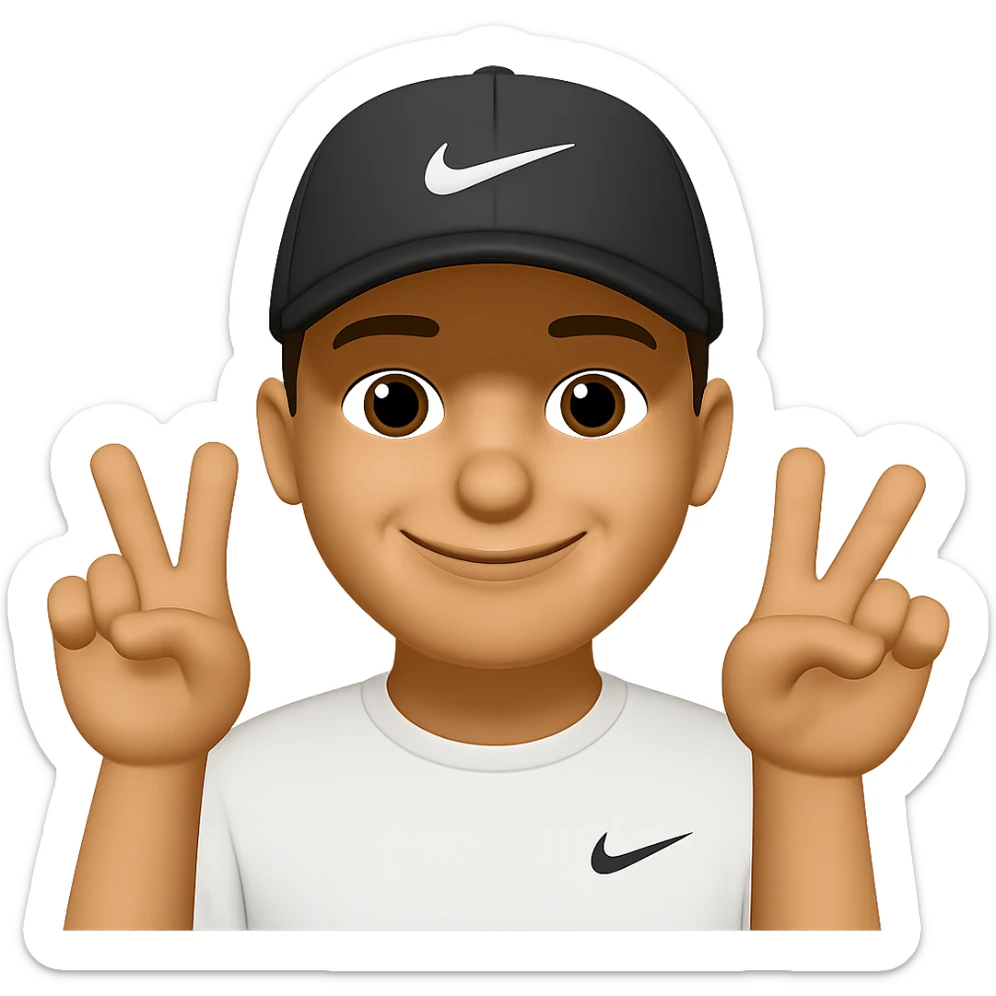 A man smiling, wearing a Nike cap and a white shirt, making a peace and love sign with his hands. The image should have a transparent background. The style should resemble emoji style with simple and concise features. sticker