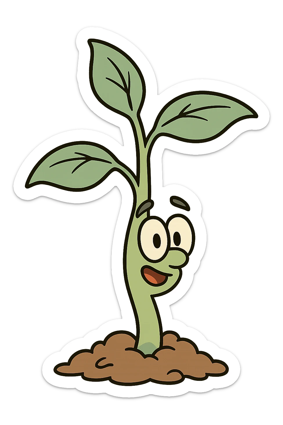 cartoon style illustration of a small young plant with a few leaves, simple and clear sticker