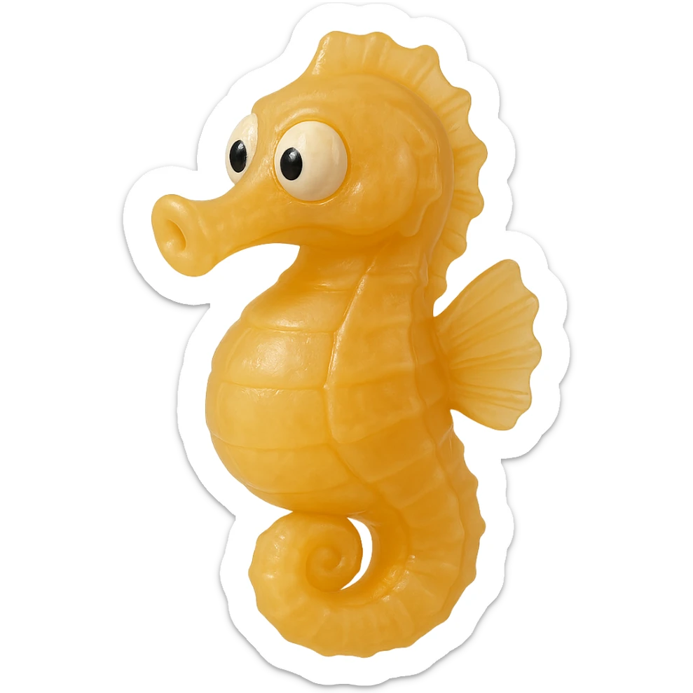 hyper-detailed retro 90's toy style seahorse, very transparent, natural yellow-orange, soft plastic, derpy eyes, soft reflections, soft and squishy, some cloudiness, not shiny, highly detailed, appealing, no tag, no background sticker
