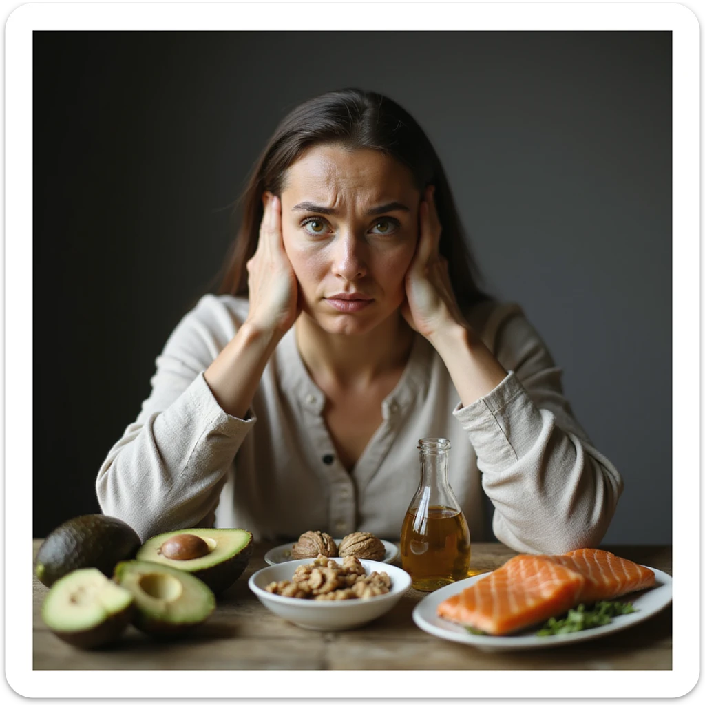 realistic scene of a confused woman in front of a table with avocado, olive oil, walnuts, and salmon, hyperrealistic details, 4K resolution, suggesting she does not know about good fats sticker