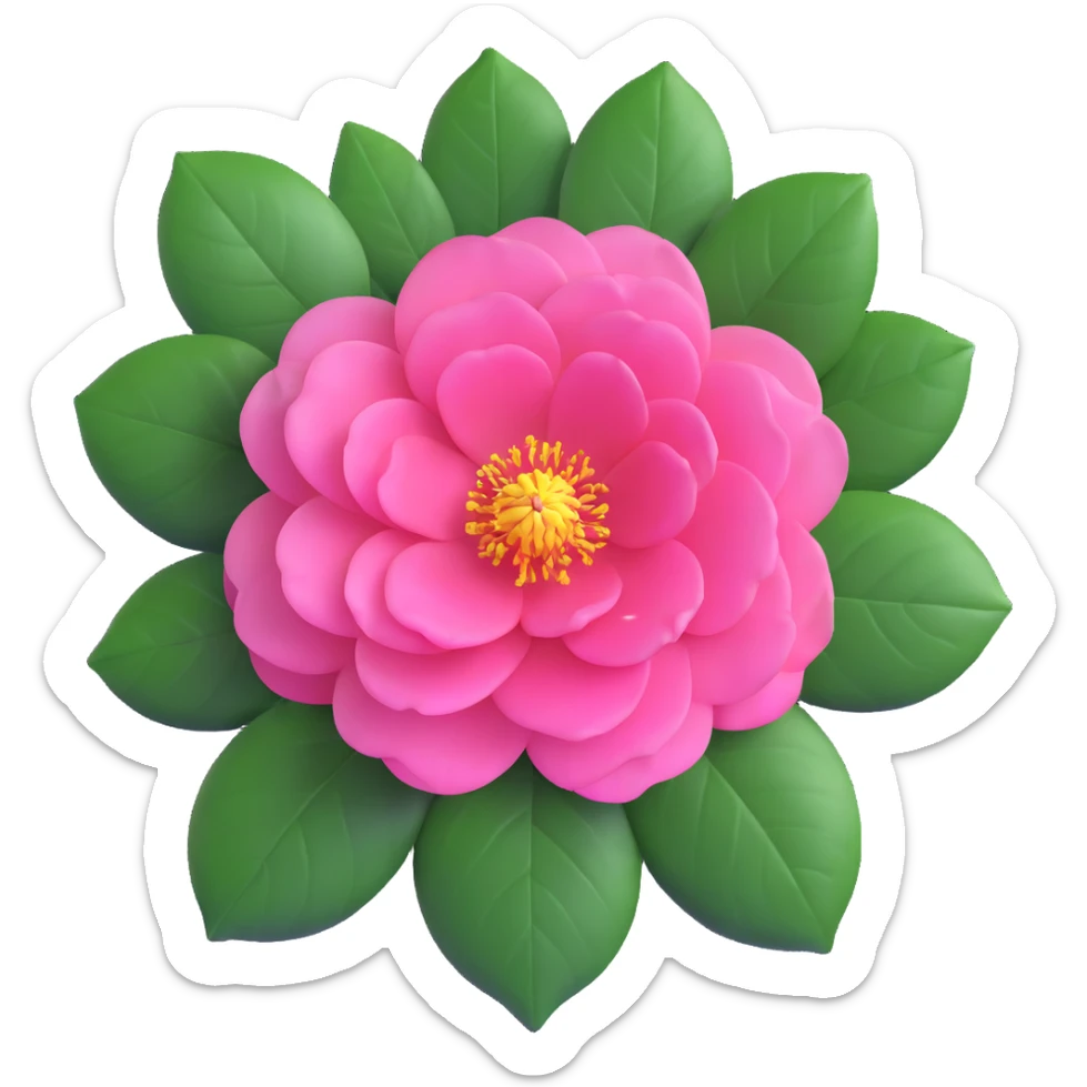 Detailed pink camellia flower with perfectly arranged petals and shiny dark green leaves sticker