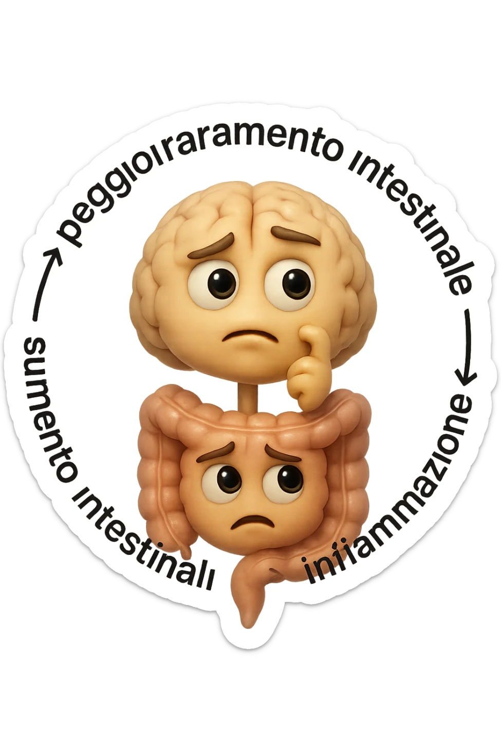 EMOJI STILE IPHONE 3D DI un cerchio con queste scritte che girano intorno "stress → peggioramento intestinale → aumento infiammazione → peggioramento sintomi intestinali e sistemici." al centro del cerchio metti un cervello e intestino umani collegati verticalmente con espressione dubbiosa in volto, FALLO MOLTO REALISTICO IN 3D sticker