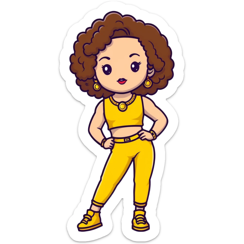 Full body teenage girl with curly brown hair, heavy makeup, big lips, crop top, gold jewelry and flashy choni style outfit sticker
