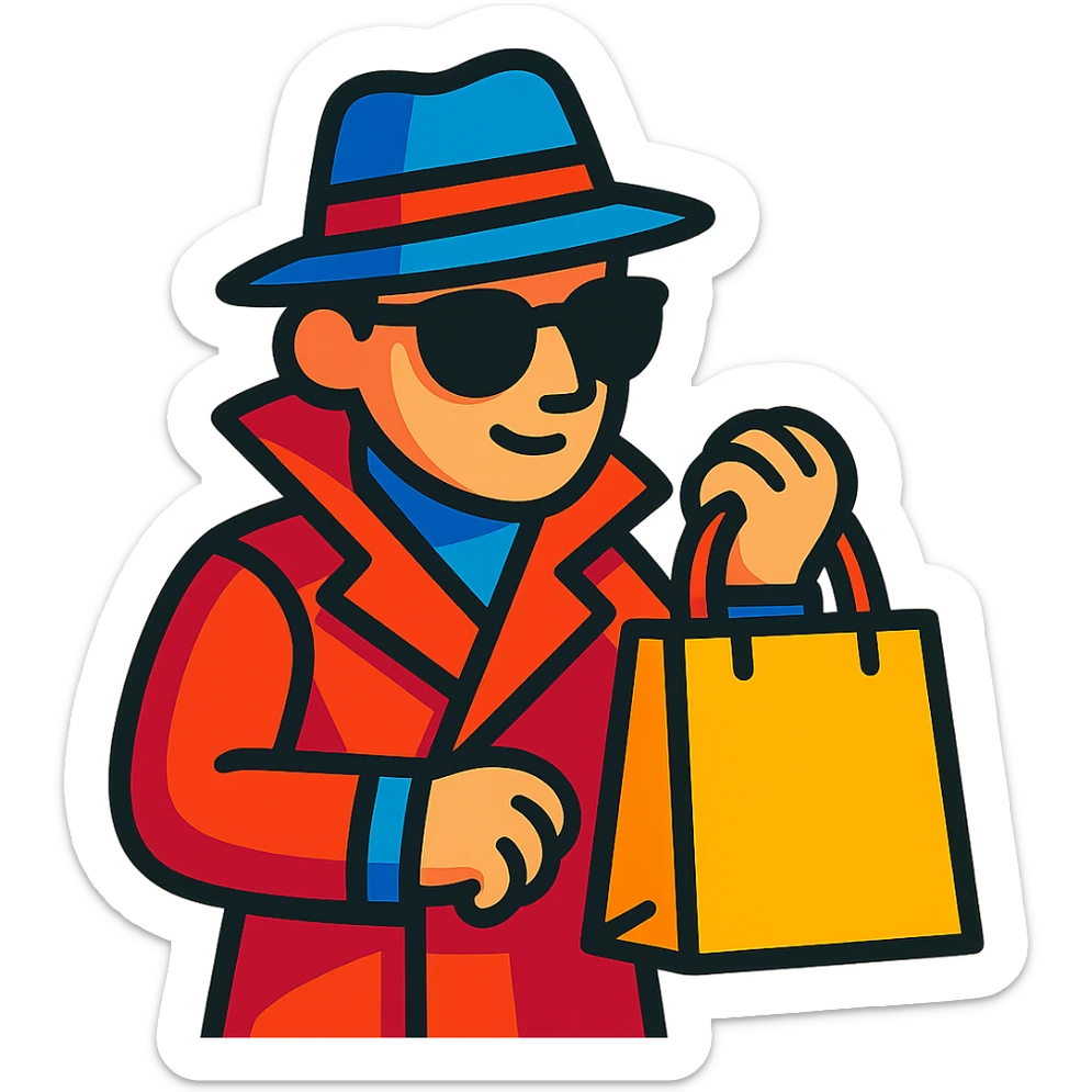 mystery shopper character holding a shopping bag, wearing sunglasses and a hat, vibrant toon style sticker