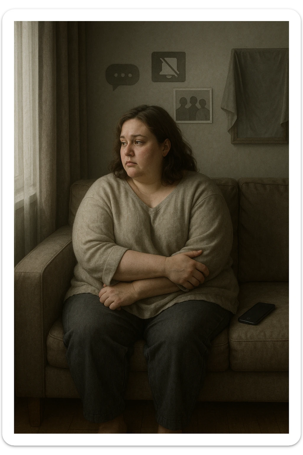 Donna tra i 30 e i 40 anni seduta sola su un divano, con espressione malinconica e corpo visibilmente appesantito. Indossa abiti larghi, avvolgenti, e guarda fuori dalla finestra mentre il telefono è spento o con notifiche ignorate accanto a lei. Sullo sfondo, si notano segnali di vita sociale assente: messaggi non letti, inviti ignorati, foto di gruppo a cui non partecipa. L’atmosfera è silenziosa, con luce grigia e ambiente spento. Intorno a lei, simboli di ritiro e insicurezza: tende chiuse, specchio coperto, postura chiusa. Stile realistico, tono delicato ed emotivo sticker