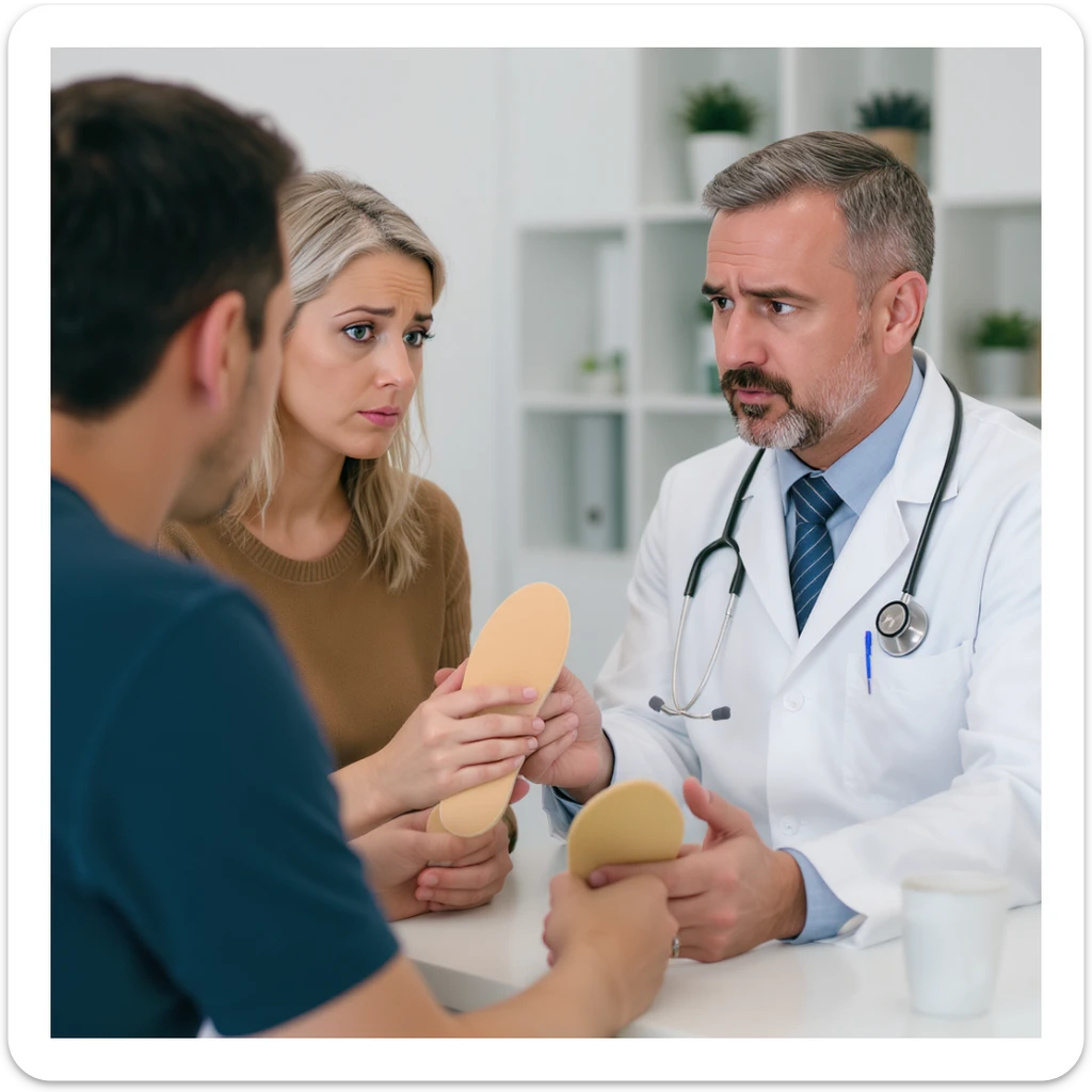 professional illustration of a scene in a medical office where a doctor suggests insoles to a client with poor posture, both look uncertain about the choice, 2:3 aspect ratio sticker