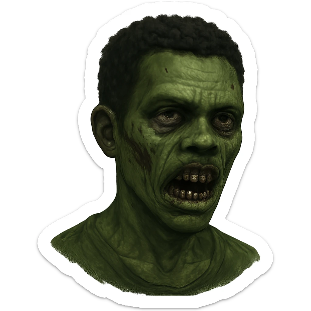 green zombie with short black curly hair, dark skin features sticker