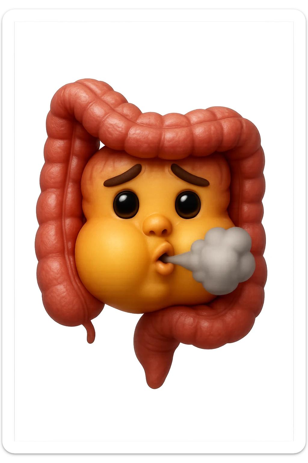 emoji stile iphone di un intestino che ingoia una nuvoletta di aria ben visibile e gli si gonfia la pancia, non fargli il naso, iperrealistico 4k sticker