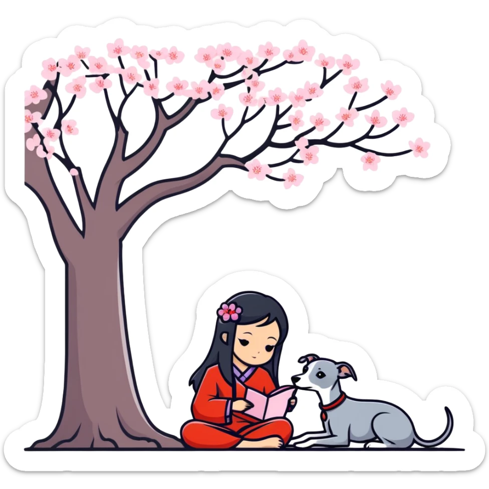 A beautiful 25-year-old Chinese woman with long black hair and a pure dark grey Italian Greyhound with absolutely NO white markings anywhere on its body sitting under a cherry blossom tree. The dog must be completely solid dark grey with no white on muzzle, paws, or chest. sticker