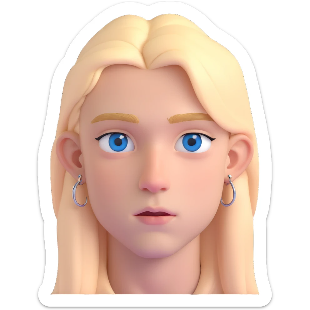 boy with long light blonde hair, dark blue eyes, septum, nose bridge, anti eyebrow, and eyebrow piercings, wearing all black sticker