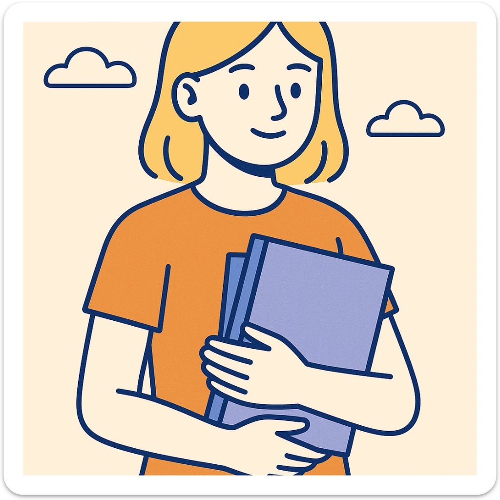 blonde girl in an orange t-shirt holding folders, modern flat illustration sticker