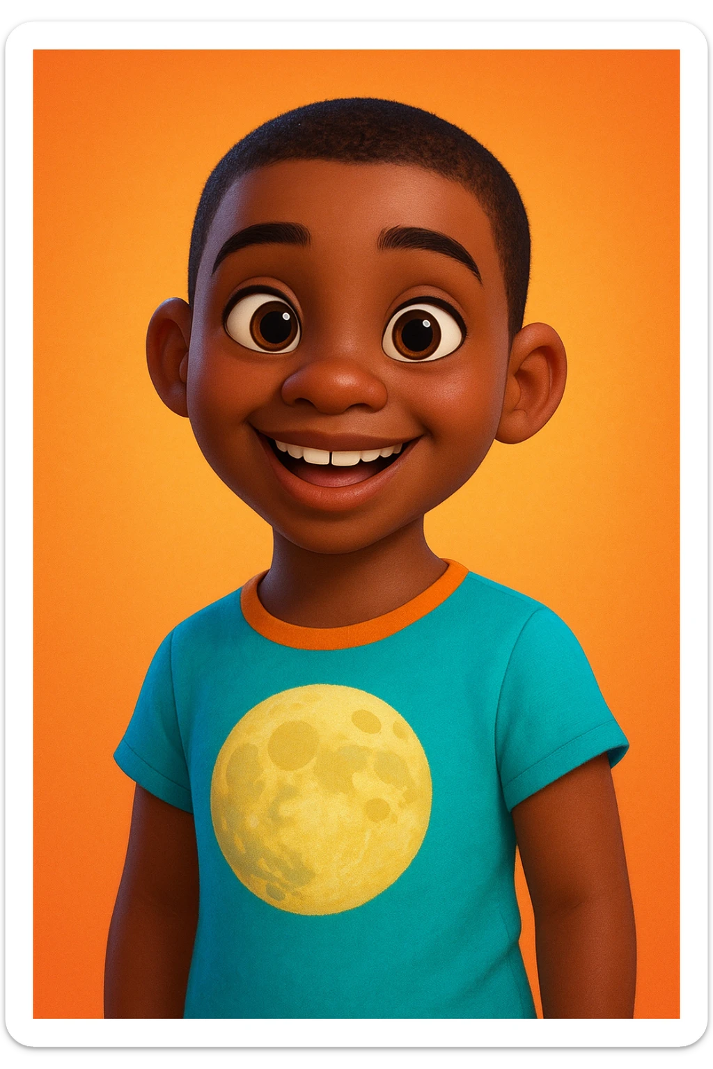 Pixar style young dark-skinned girl with very short masculine hair, wearing a t-shirt with a moon design sticker