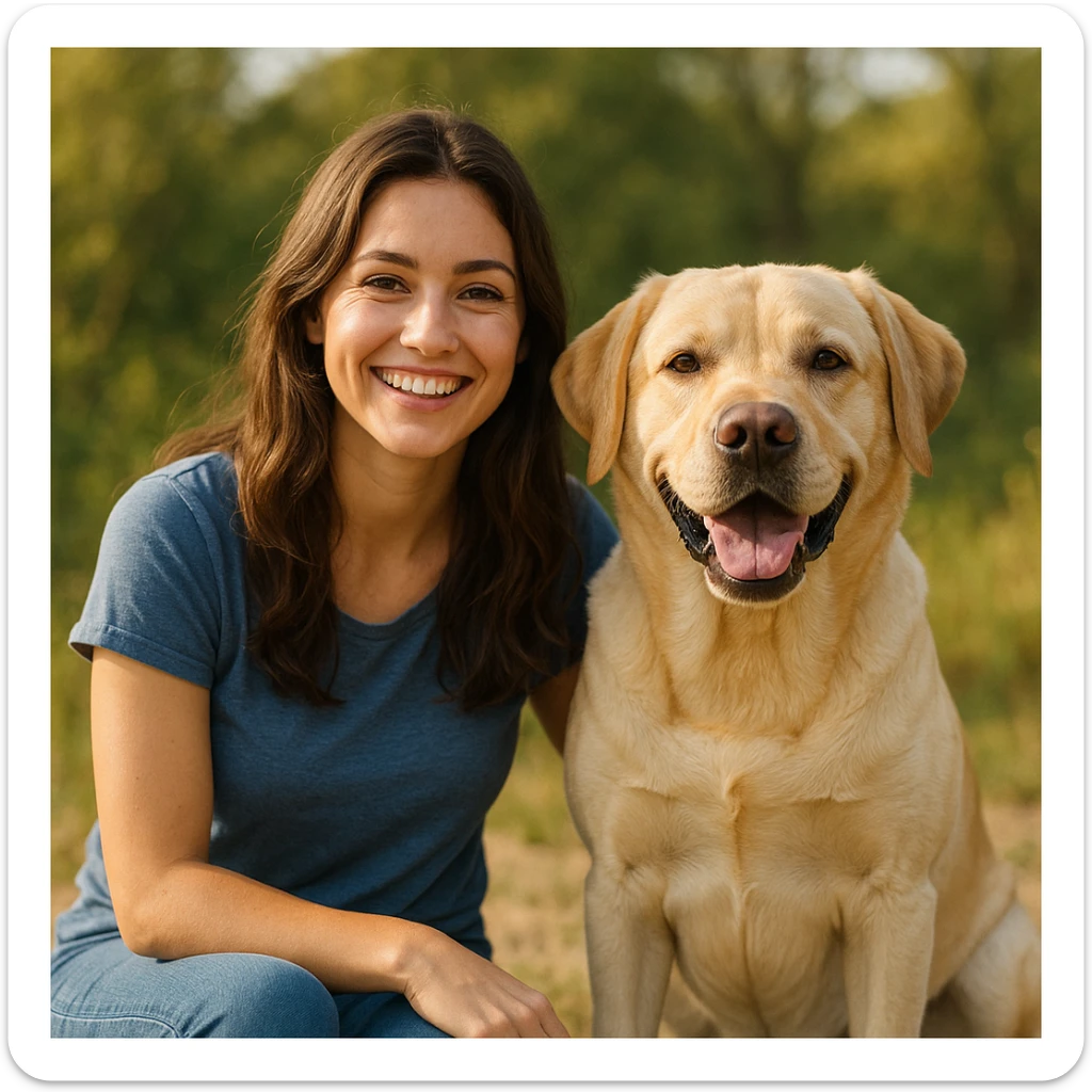 brunette girl sitting beside a yellow labrador dog, both smiling, relaxed and happy moment, natural outdoor background sticker
