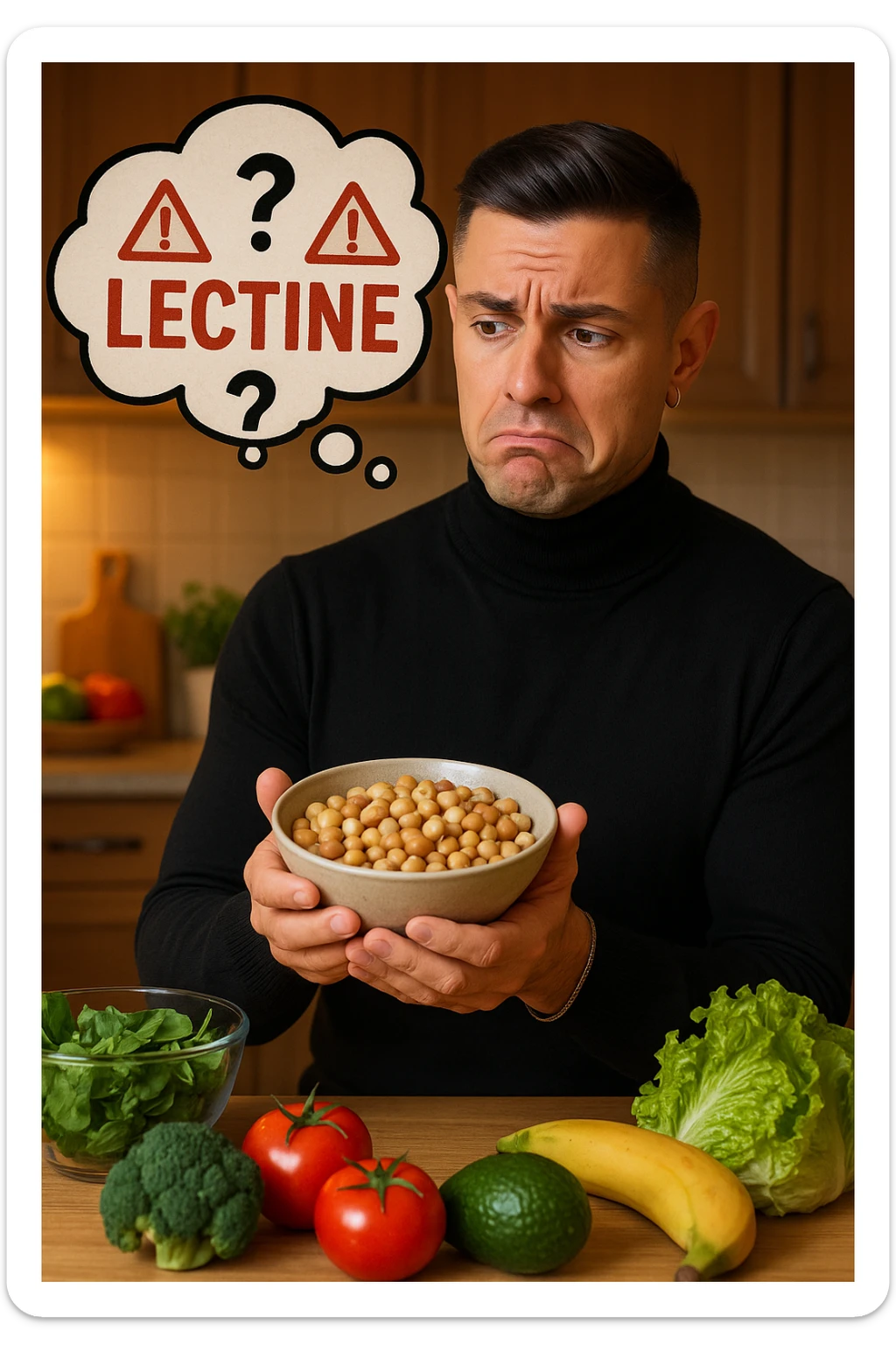 un uomo in cucina tiene in mano una ciotola di legumi (come fagioli o ceci) e li osserva con un’espressione dubbiosa e leggermente preoccupata. Sopra la ciotola, una nuvoletta di pensiero mostra la parola “Lectine” evidenziata in rosso, insieme a simboli di allarme o punti interrogativi. Sullo sfondo, altri alimenti salutari sono visibili sul tavolo, sottolineando il suo scetticismo verso i legumi. sticker
