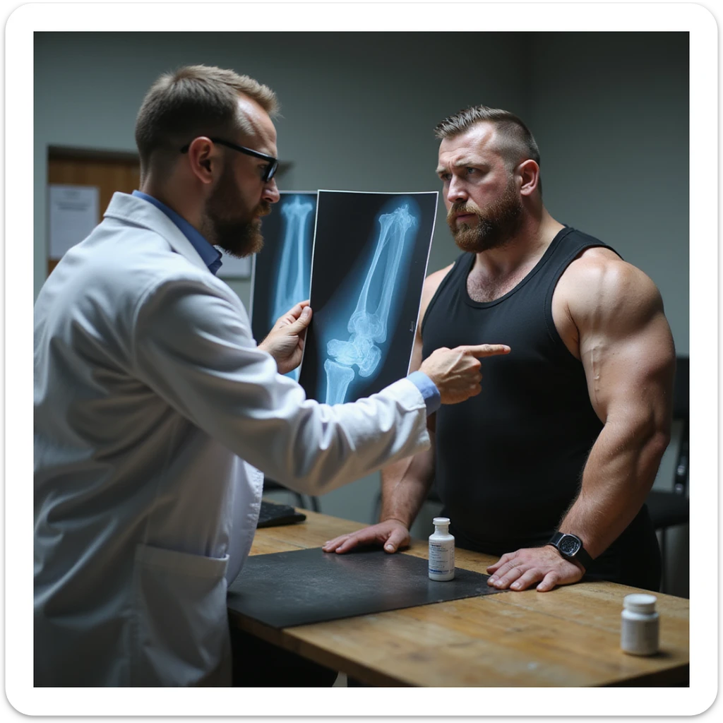Powerlifter in competition clothing consulting sports doctor pointing at joint X-ray, worried expression, bottle of Stanozololo on table, realistic details, clinic background sticker