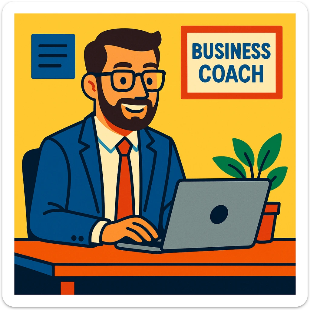 A 35-year-old male business coach sitting at a desk with a laptop sticker