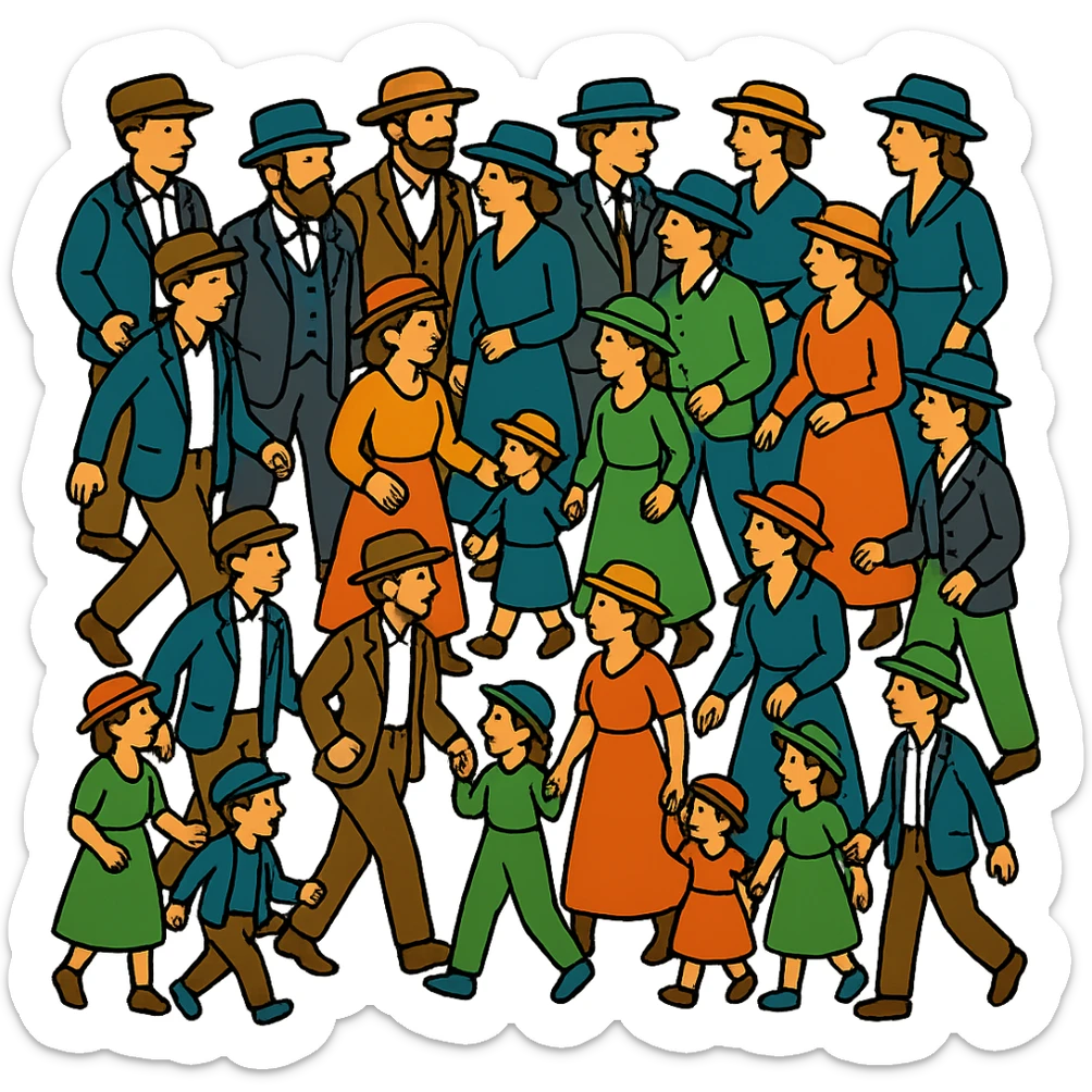 Add more people and children to the group in an isometric full body view, wearing period-appropriate 19th century clothing and hats, in dynamic poses. Keep the style consistent with the original image. Transparent background, no text. sticker