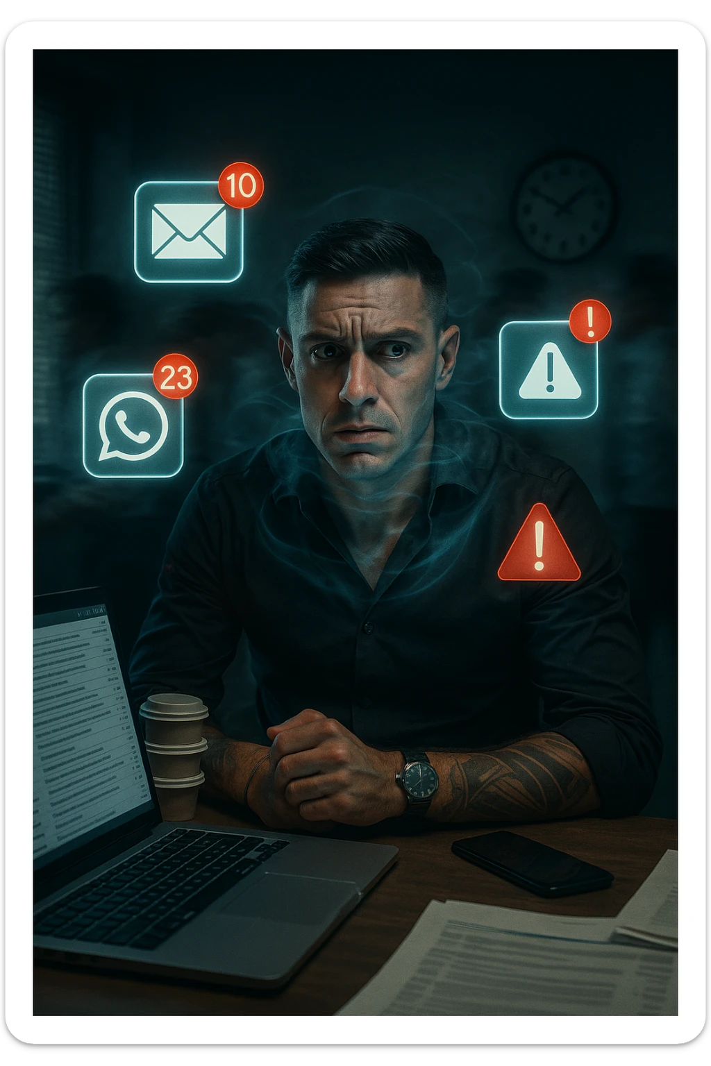 A highly realistic, cinematic portrait of a young man in his early 30s with a tired, tense expression, sitting at his modern office desk surrounded by multiple smartphones with glowing notification bubbles (WhatsApp, emails, alerts) hovering around him like aggressive neon icons. His posture is hunched, shoulders raised, eyes slightly wide, and jaw clenched, representing constant hyper-vigilance and stress. The environment is a cold, cluttered workspace with a laptop displaying endless emails and Slack notifications, coffee cups stacked nearby, and a clock showing late hours, symbolizing the relentless pace of modern work life. Behind him, ghostly blurred figures rush by in a fast-motion effect, representing the constant rush and societal pressure. A faint, tight grey aura wraps around his chest and head, symbolizing blocked breathing and mental tension, while faint blue light tries to push through, representing the body’s desire to find calm. The lighting is harsh and cool, with a 35mm hyperrealistic film style, shallow depth of field focusing on the man’s stressed face and the floating notifications, illustrating the modern trap of always being on alert. sticker