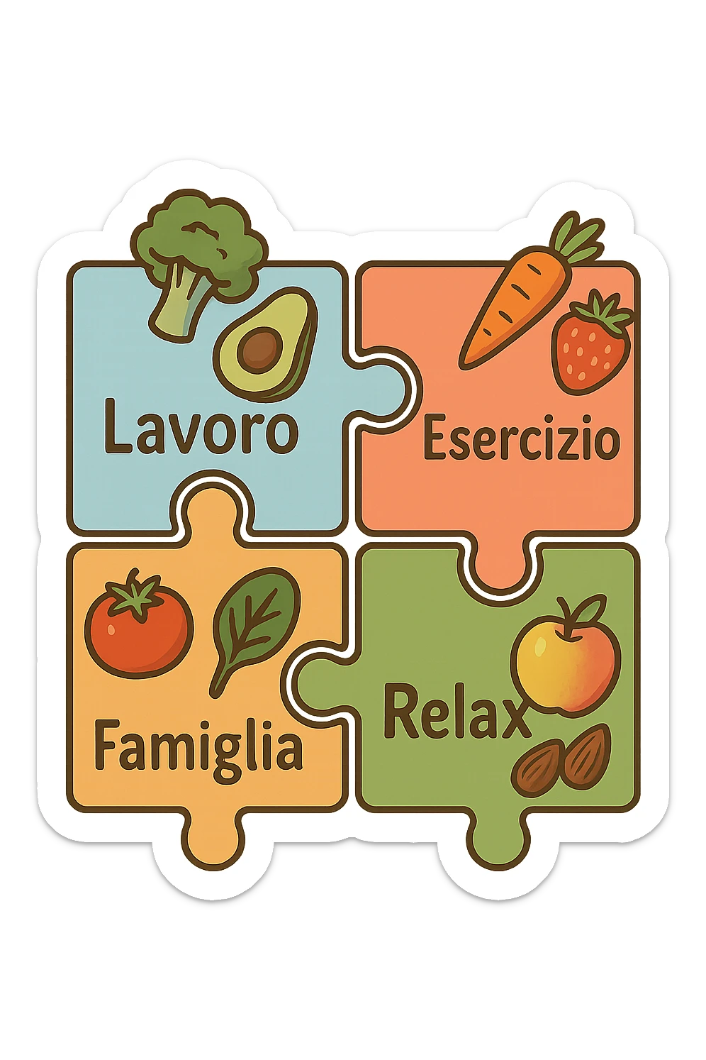 Puzzle (Lavoro, Esercizio, Famiglia, Relax), and healthy foods are integrated into each piece. in italiano sticker