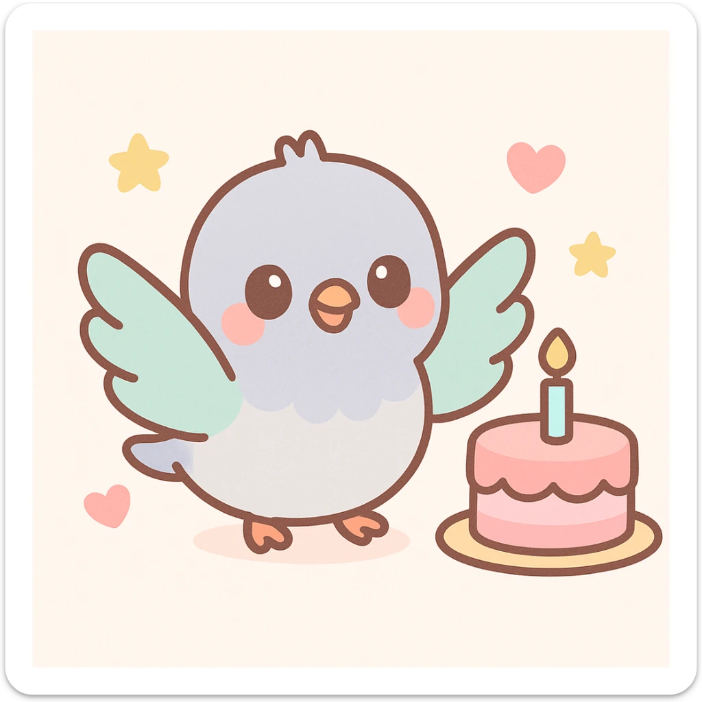 baby pigeon looking at birthday cake with wings spread, joyful and lovely atmosphere, bright and colorful sticker